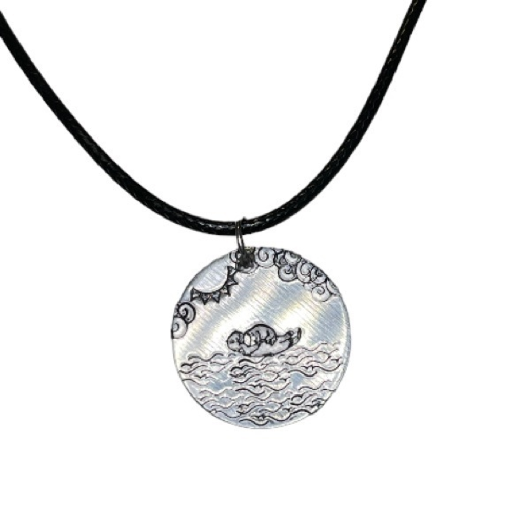 Handmade stamped Sea Otter & baby silver aluminum Black‎ leather cord necklace